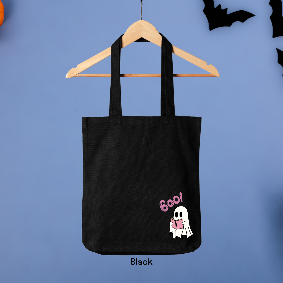 Boo! Ghost Reading a Book Halloween Canvas Tote Bag - TinyPrints