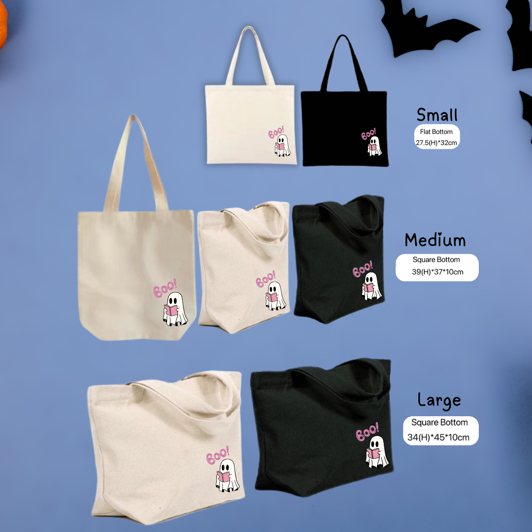 Boo! Ghost Reading a Book Halloween Canvas Tote Bag - TinyPrints
