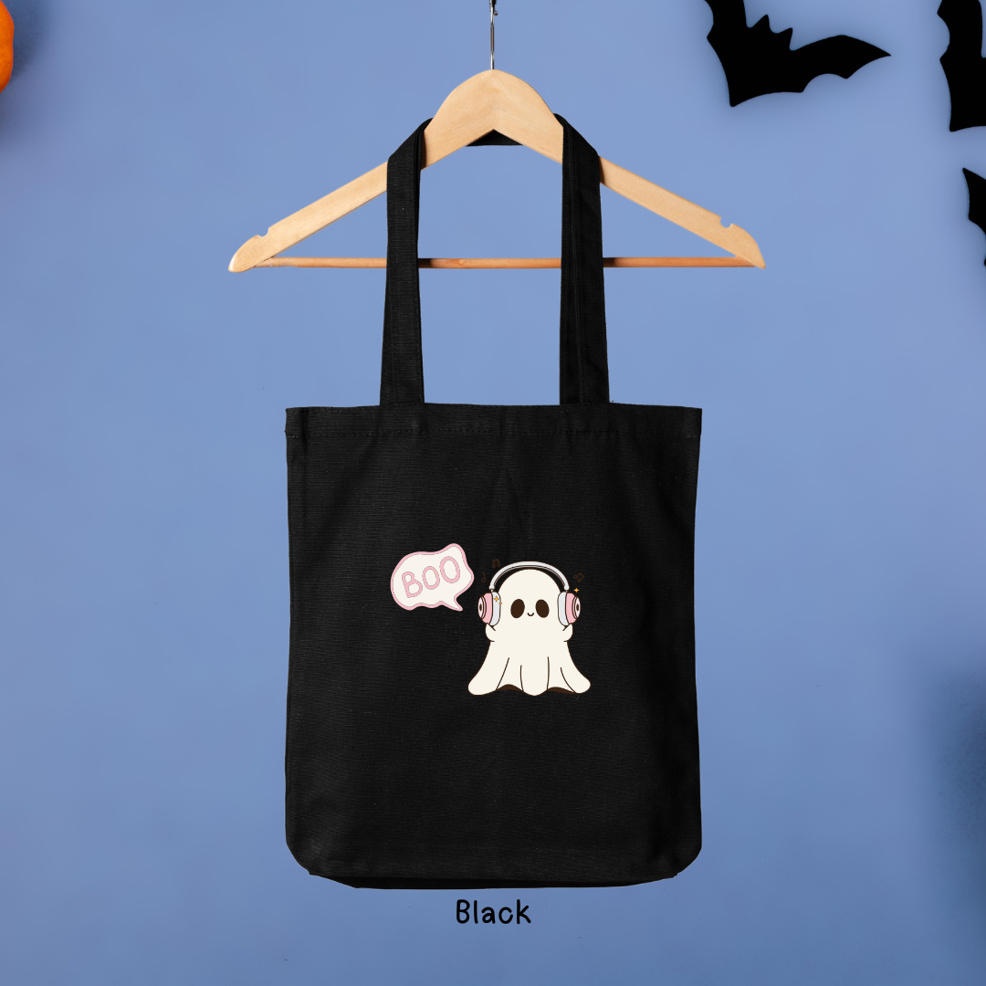 Boo! Ghost with Headset Halloween Canvas Tote Bag - TinyPrints