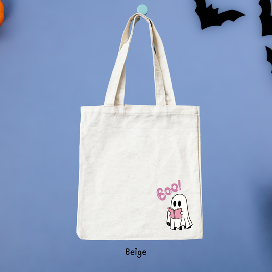 Boo! Ghost Reading a Book Halloween Canvas Tote Bag - TinyPrints