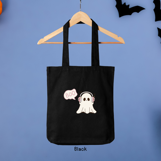 Boo! Ghost with Headset Halloween Canvas Tote Bag - TinyPrints